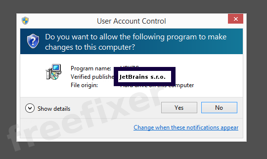 Screenshot where JetBrains s.r.o. appears as the verified publisher in the UAC dialog